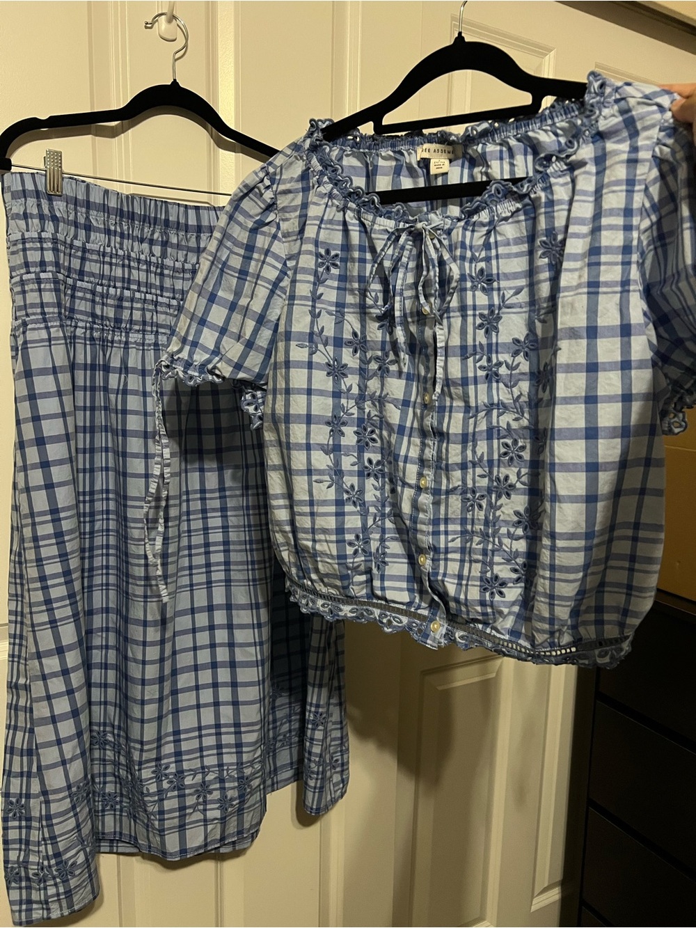 Free Assembly Blue Plaid Matching 2-Piece Crop Top & Skirt Set - Size L (12-14)
